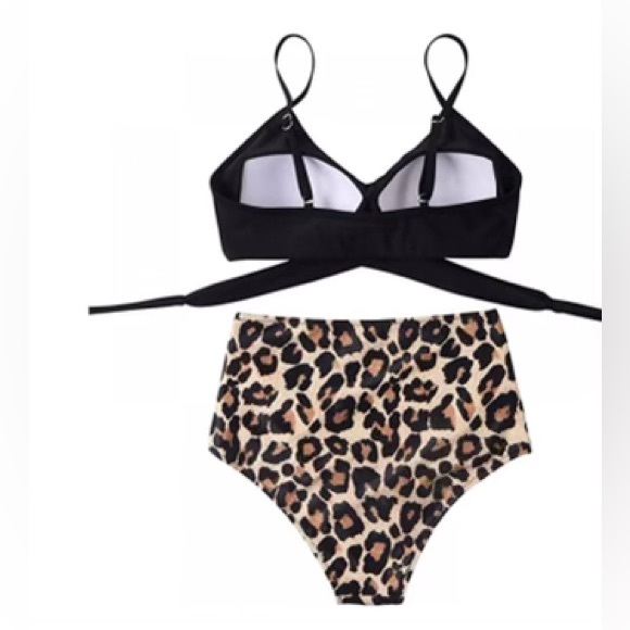 Women Bikini Criss Cross High Waisted String Black & Leopard Printed Sexy Solid - Picture 4 of 4